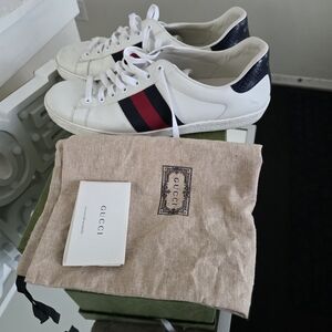 Gucci White Leather Sneakers with Red and Blue Accents